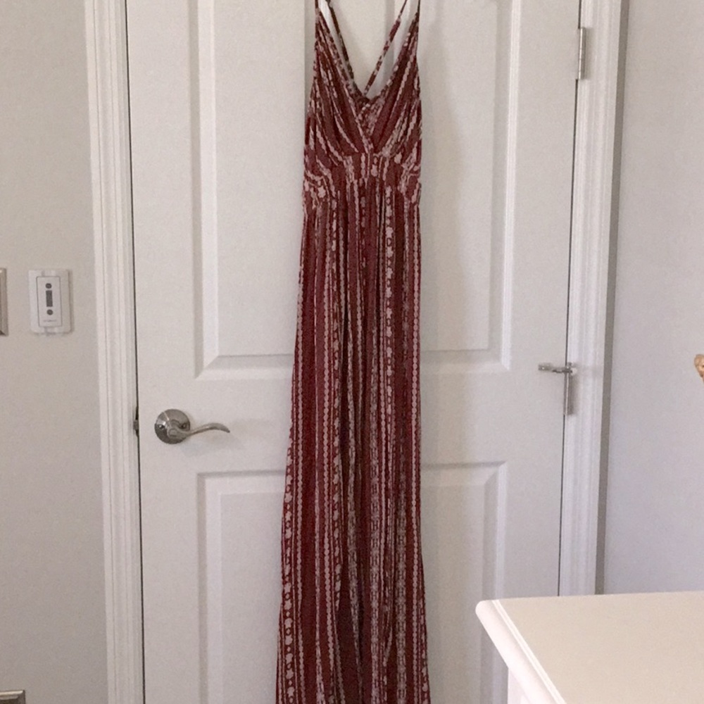 Angie burgundy/cream spaghetti strap maxi dress.